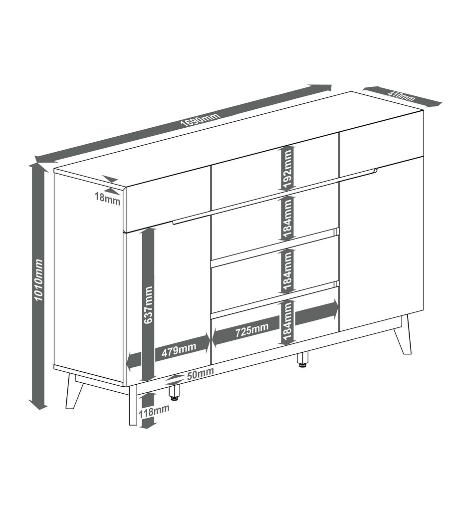 Kumode Cervo, 40x101x169 cm, balta/ozola krāsa cena un informācija | Kumodes | 220.lv