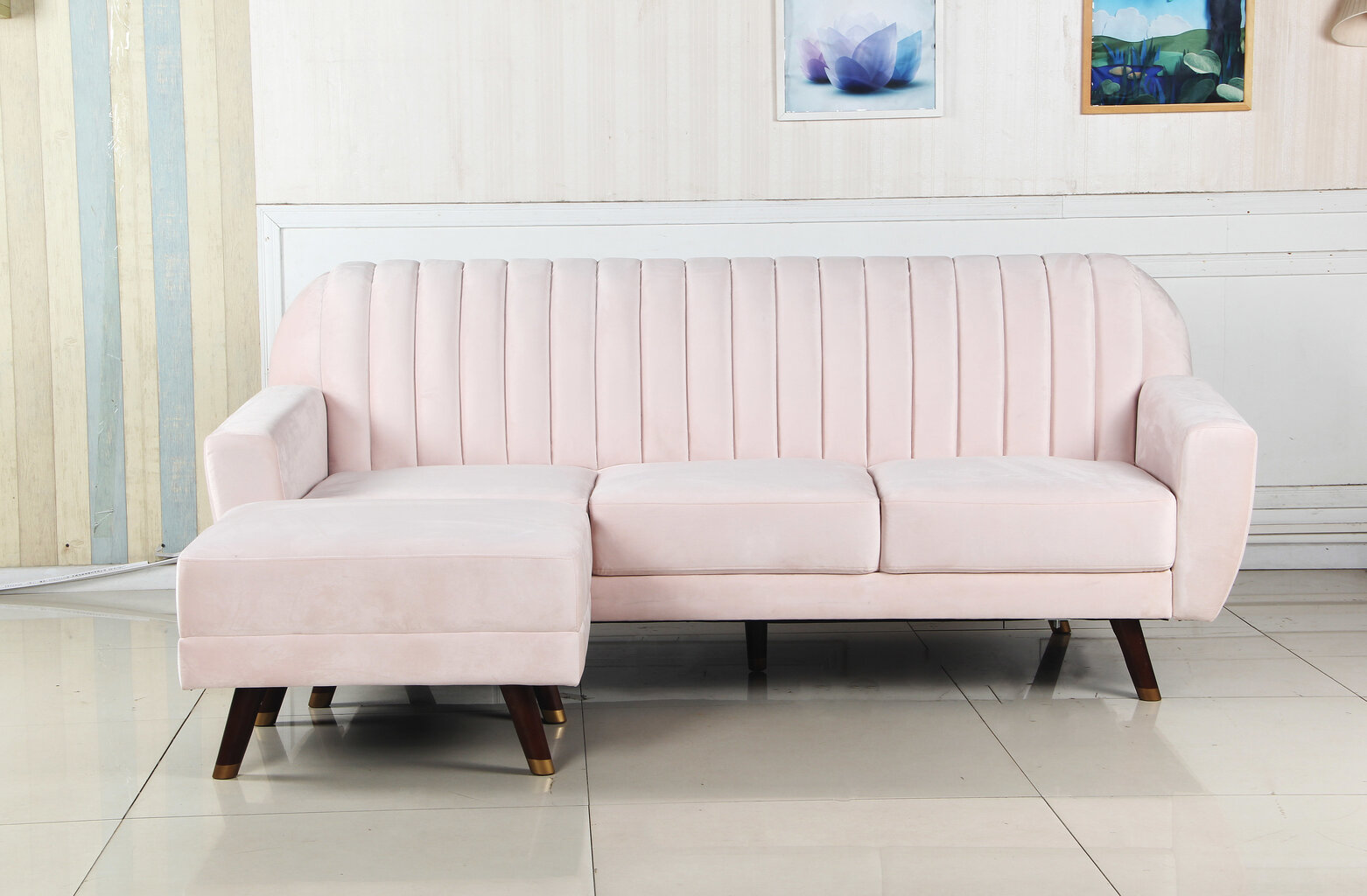 Dīvāns ar pufu Karen 3S, rozā cena un informācija | Stūra dīvāni | 220.lv