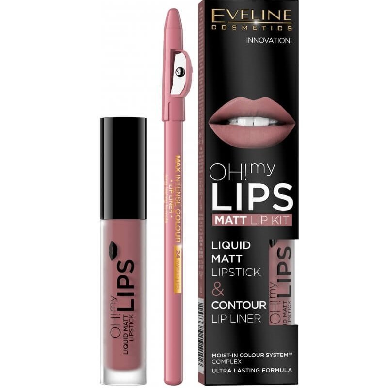 Komplekts Eveline Oh My Lips Liquid Matt 04 Sweet Lips: lūpu krāsa 4,5 ml + lūpu kontūrzīmulis 1 gab. цена и информация | Lūpu krāsas, balzāmi, spīdumi, vazelīns | 220.lv