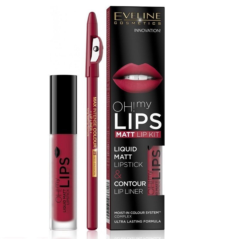 Komplekts Eveline Oh My Lips Liquid Matt 05 Red Passion: lūpu krāsa 4,5 ml + lūpu kontūrzīmulis 1 gab. cena un informācija | Lūpu krāsas, balzāmi, spīdumi, vazelīns | 220.lv