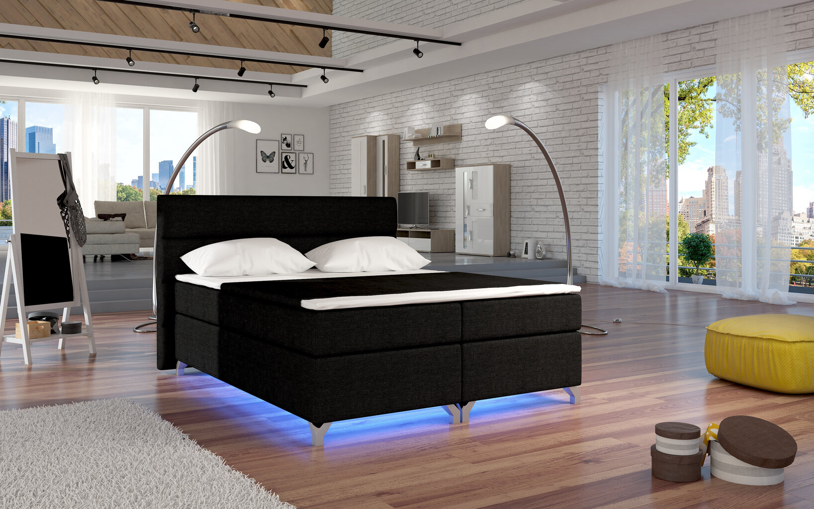 Gulta Amadeo ar LED apgaismojumu, 180x200 cm, gobelēns, melna cena un informācija | Gultas | 220.lv