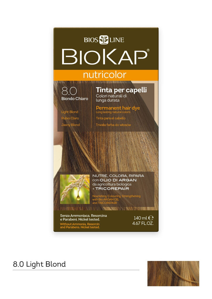 Matu krāsa Biokap Nutricolor Nr. 8.0 Light Blond Dye 140 ml cena un informācija | Matu krāsas | 220.lv