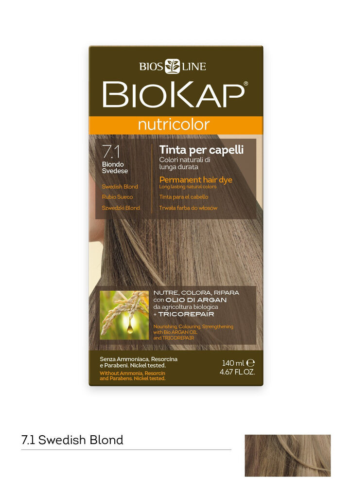 Matu krāsa Biokap Nutricolor Nr. 7.1 Swedish Blond Dye 140 ml цена и информация | Matu krāsas | 220.lv