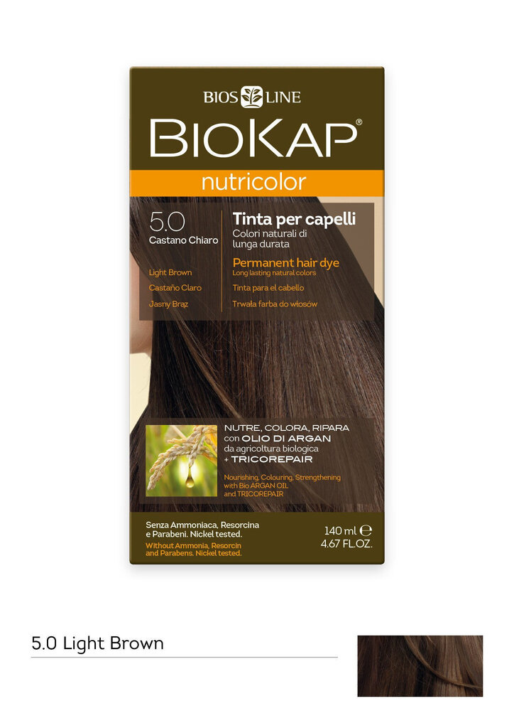 Matu krāsa Biokap Nutricolor Nr.5.0 Light Brown Dye 140 ml cena un informācija | Matu krāsas | 220.lv