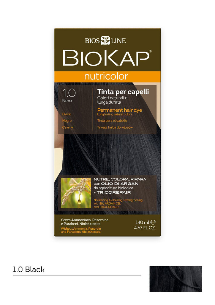 Matu krāsa Biokap Nutricolor Nr. 1.0 Black Dye 140 ml cena un informācija | Matu krāsas | 220.lv