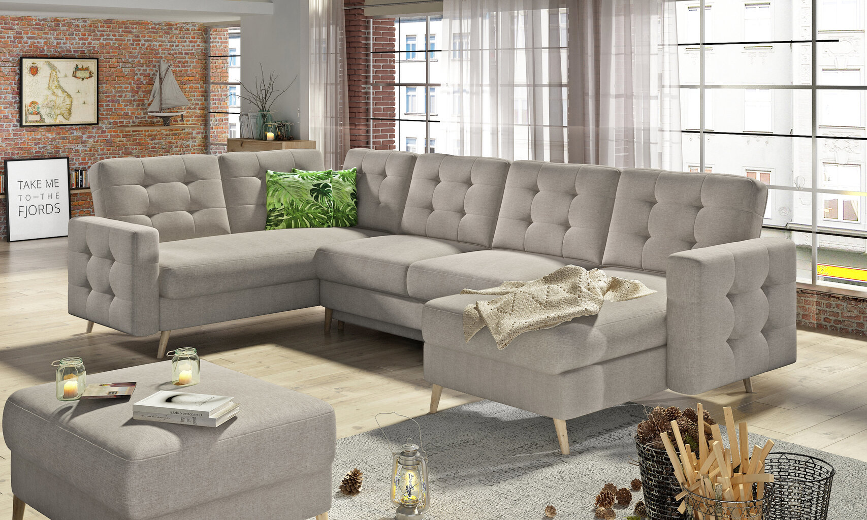 Universāls stūra dīvāns Asgard U, gobelēns, tumšas krēmkrāsas cena un informācija | Stūra dīvāni | 220.lv