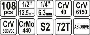 Instrumentu komplekts CrV 1/2 Yato YT-38791, 108 gab. cena un informācija | Rokas instrumenti | 220.lv