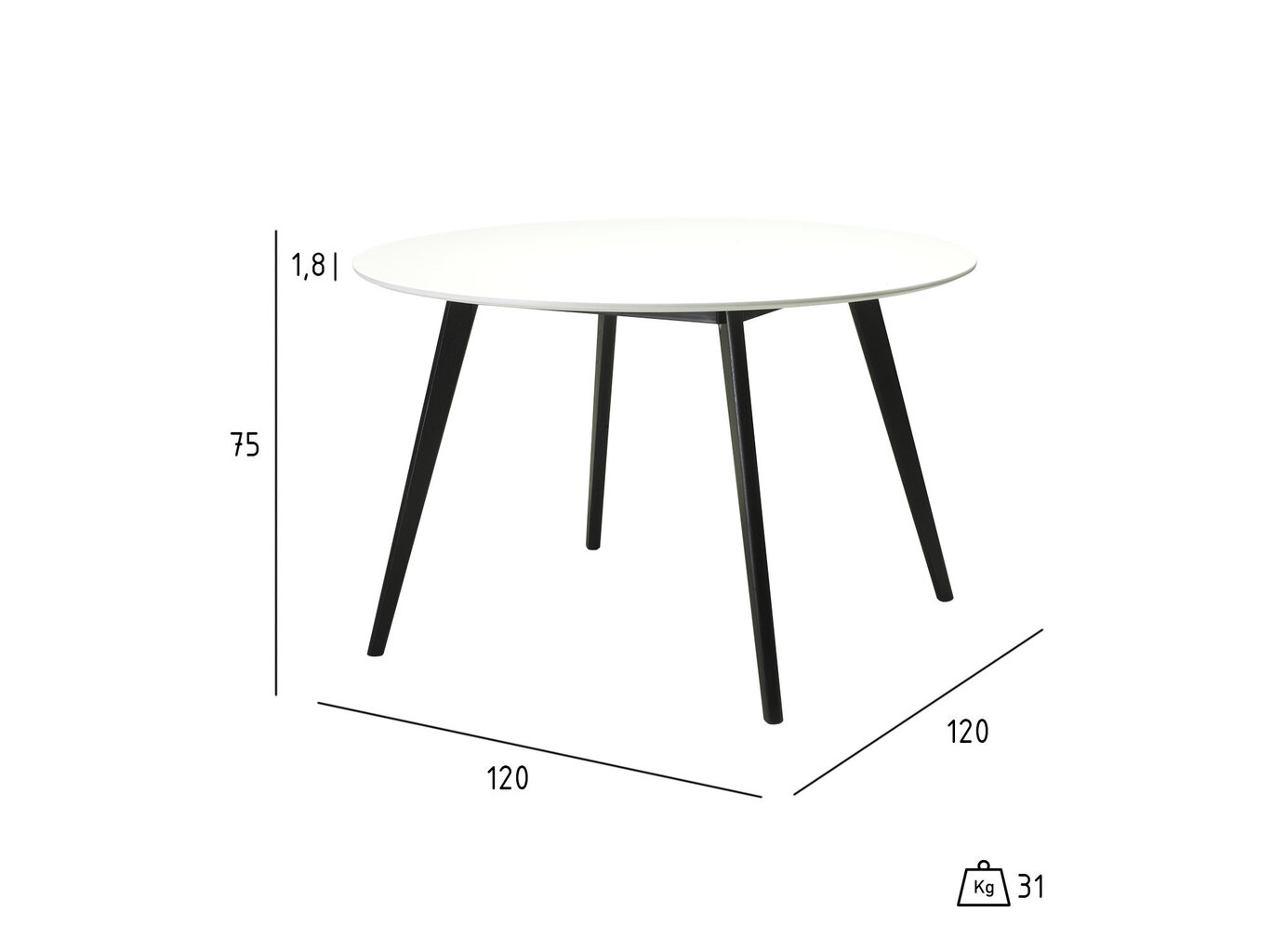 Galds FurnHouse Life, 120x120 cm, balts/melns cena un informācija | Virtuves galdi, ēdamgaldi | 220.lv