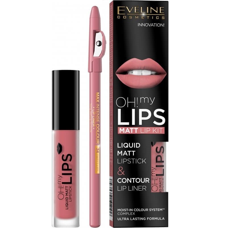 Komplekts Eveline Oh My Lips Liquid Matt 07 Baby Nude: lūpu krāsa 4,5 ml + lūpu kontūrzīmulis 1 gab. cena un informācija | Lūpu krāsas, balzāmi, spīdumi, vazelīns | 220.lv