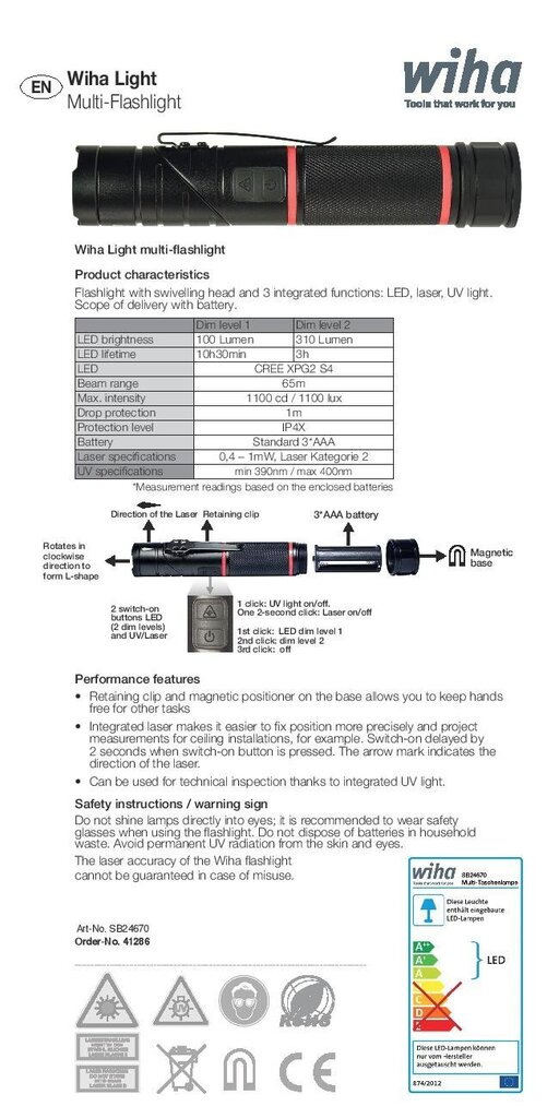 WIHA lukturis ar magnētu LED, UV un lāzera gaismu цена и информация | Lukturi | 220.lv