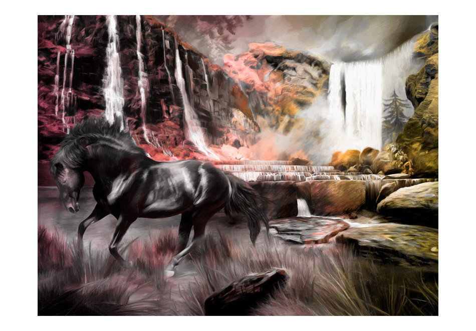 Foto tapete - Black horse by a waterfall цена и информация | Fototapetes | 220.lv
