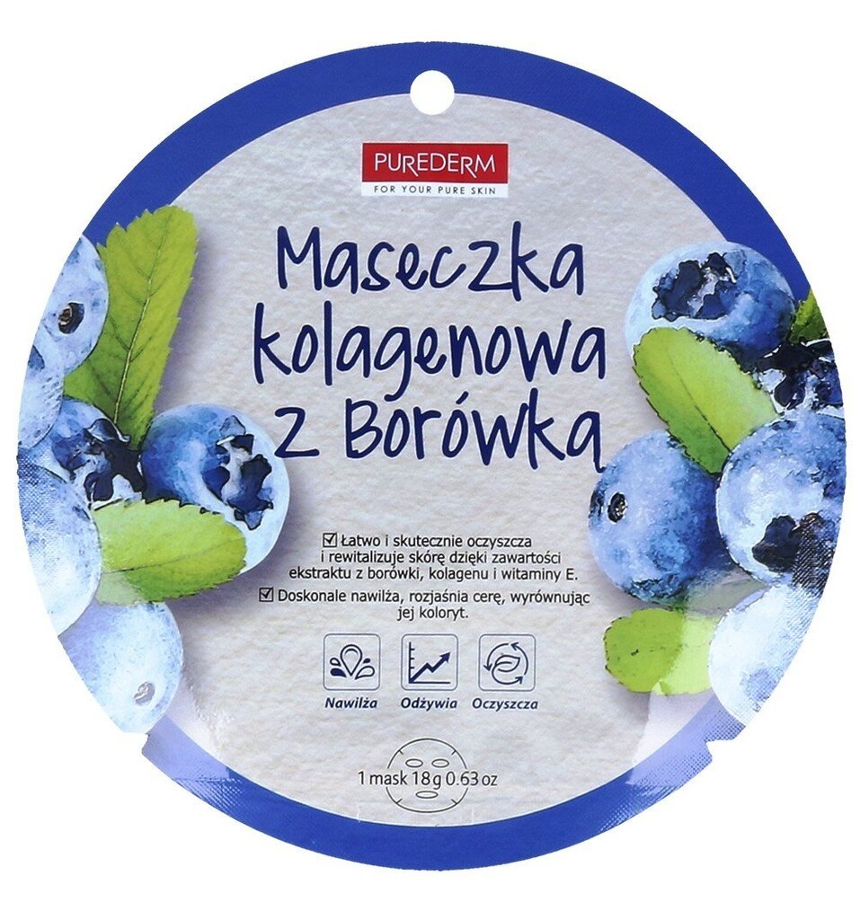 Kolagēna sejas maska ar melleņu ekstraktu Purederm Blueberry Collagen 18 g cena un informācija | Sejas maskas, acu maskas | 220.lv