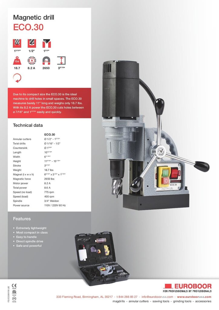 Magnētiska urbjmašīna Euroboor ECO 30 cena un informācija | Skrūvgrieži, urbjmašīnas | 220.lv