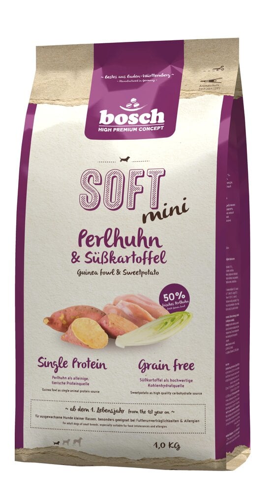 Bosch Pet Food Plus SOFT MINI Guinea Fowl & Sweetpotato 1kg cena un informācija | Sausā barība suņiem | 220.lv