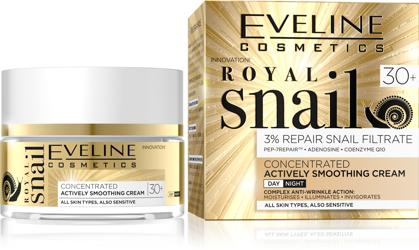 Izlīdzinošs sejas krēms ar gliemežu gļotām Eveline Royal Snail 30+ 50 ml cena un informācija | Sejas krēmi | 220.lv