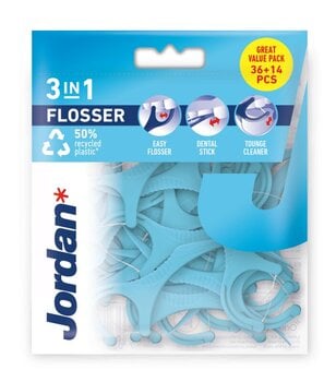 Зубная нить Jordan 3-в-1 Flosser 36 (+14) шт. цена и информация | Зубные щетки, пасты | 220.lv