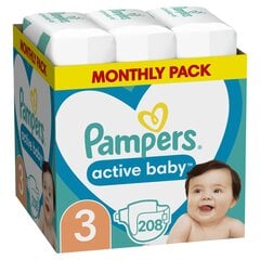 Autiņbiksītes PAMPERS Active Baby-Dry, Monthly Pack, 3.izmērs, 6-10kg, 208 gab. цена и информация | Подгузники | 220.lv