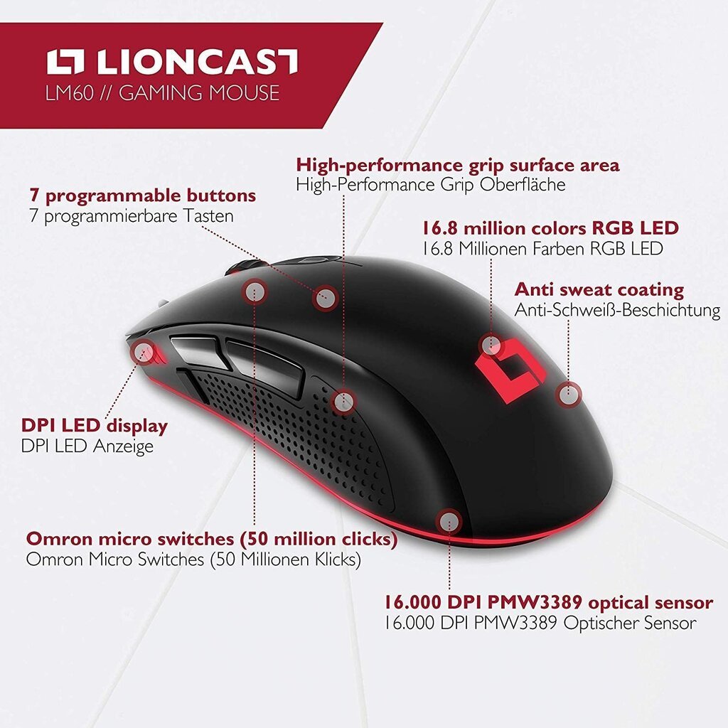 Lioncast LM60, melns cena un informācija | Peles | 220.lv