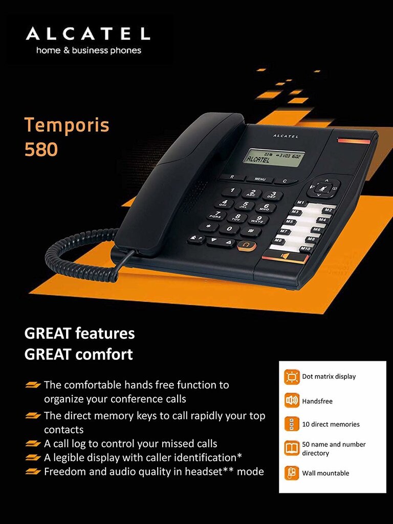 Alcatel T580, melns cena un informācija | Stacionārie telefoni | 220.lv