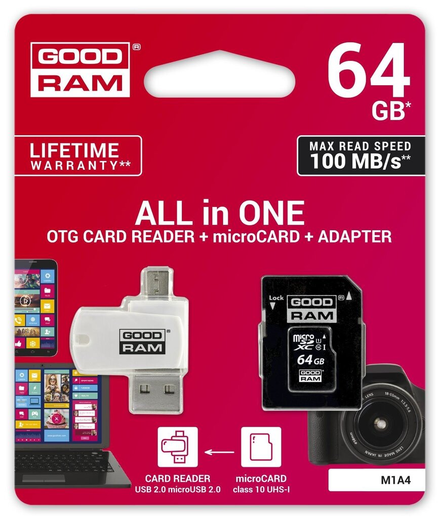 Atmiņas karte GoodRam microSDHC 64GB CL10 +adapteris +karšu lasītājs cena un informācija | Atmiņas kartes mobilajiem telefoniem | 220.lv