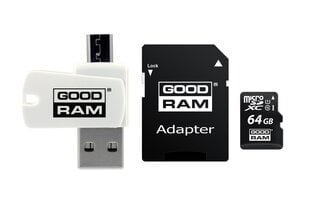 Карта памяти GoodRam microSDHC 64GB CL10 + адаптер + кард-ридер цена и информация | Карты памяти для телефонов | 220.lv