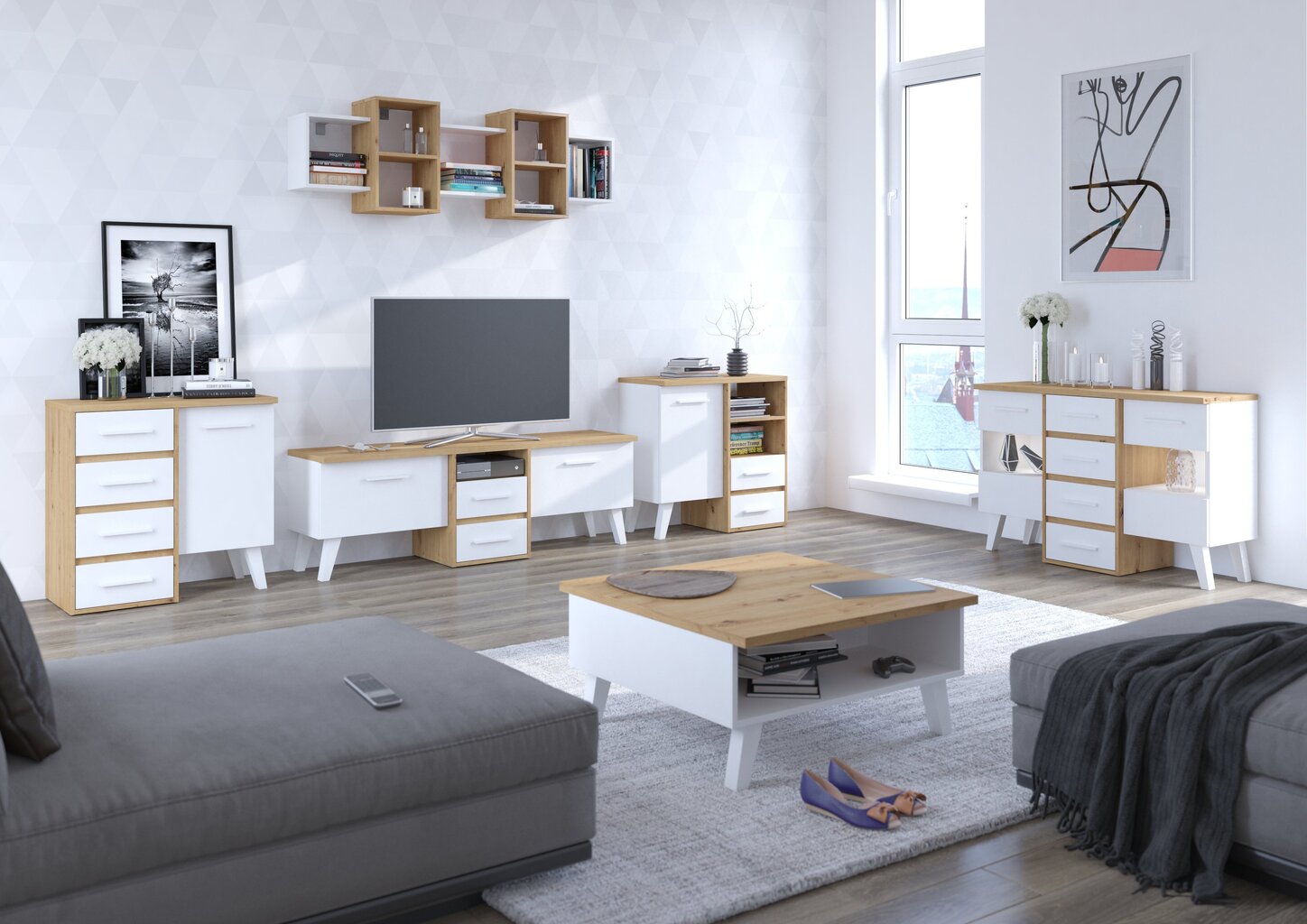 TV galdiņš Meblocross Nordis 2D2S, ozola/baltas krāsas cena un informācija | TV galdiņi | 220.lv