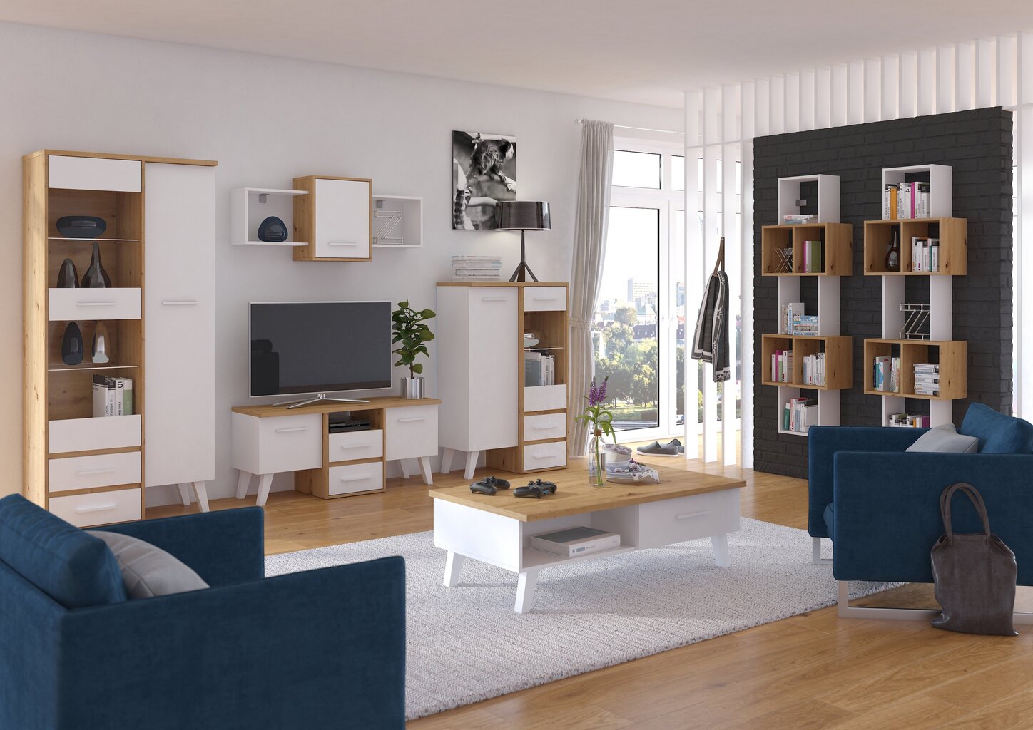 TV galdiņš Meblocross Nordis 3D, ozola/baltas krāsas cena un informācija | TV galdiņi | 220.lv