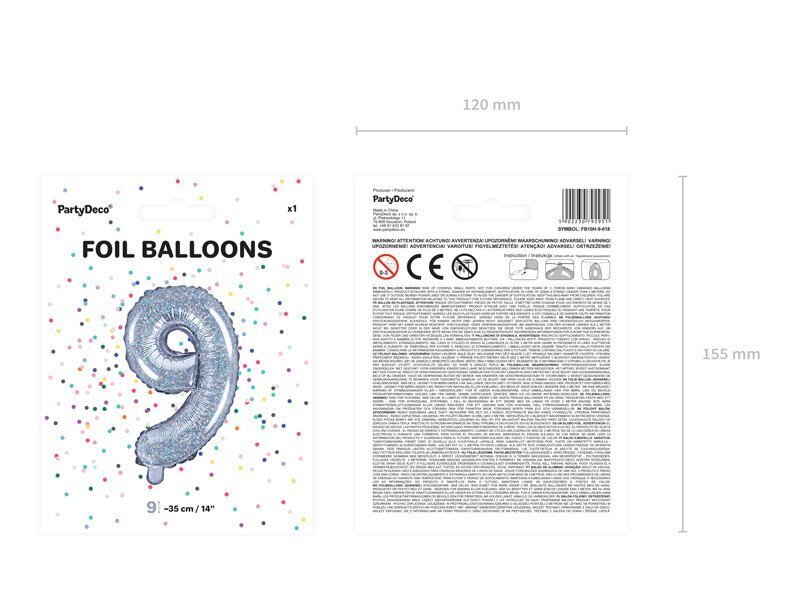 Folijas balons Cipars "9", 35 cm, sudrabains цена и информация | Baloni | 220.lv