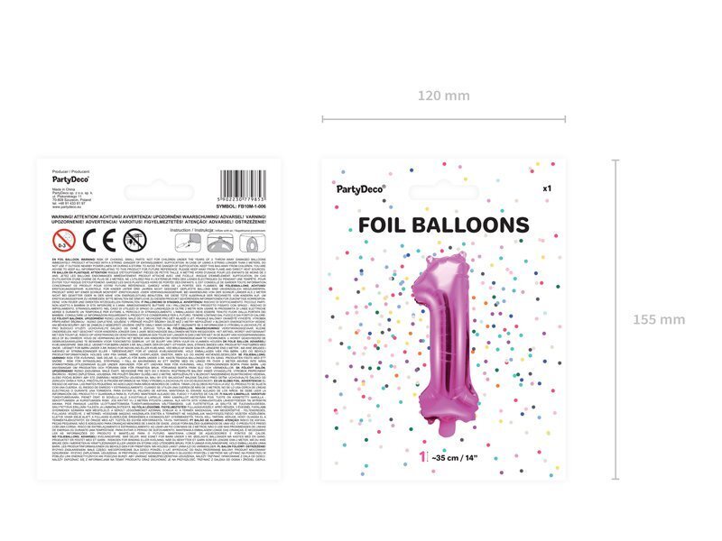 Folijas balons Cipars "1", 35 cm, rozā cena un informācija | Baloni | 220.lv