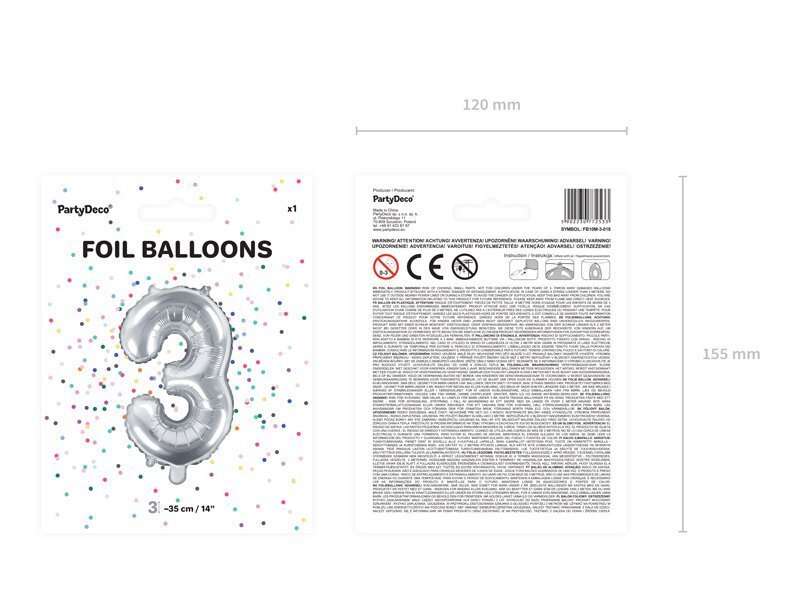 PartyDeco Folijas balons - Nr. 3, 35 cm cena un informācija | Baloni | 220.lv