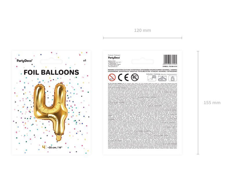 Folijas balons Cipars "4", 35 cm, zeltains cena un informācija | Baloni | 220.lv