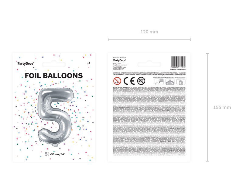 PartyDeco Folijas balons - Nr. 5, 35 cm cena un informācija | Baloni | 220.lv