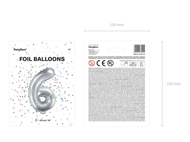 PartyDeco Folijas balons - Nr. 6, 35 cm цена и информация | Baloni | 220.lv