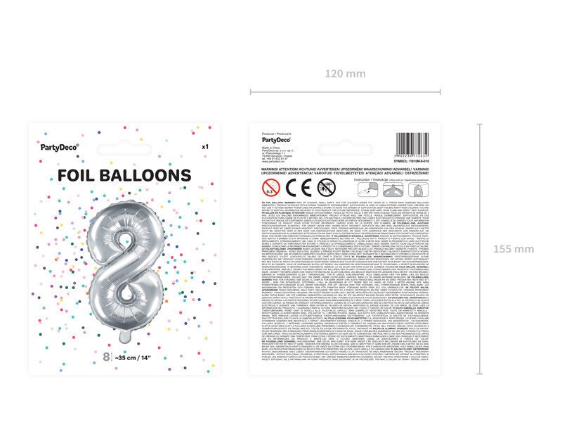 Folijas baloni Cipars "8", 35 cm, sudrabaini, 50 gab. cena un informācija | Baloni | 220.lv