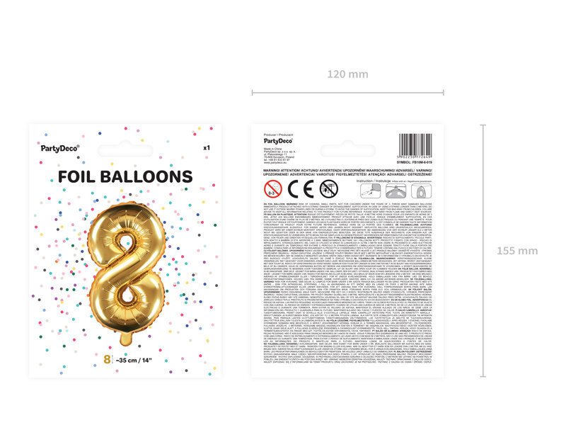 Folijas balons Cipars "8", 35 cm, zeltains cena un informācija | Baloni | 220.lv