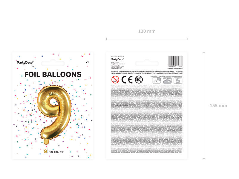 Folijas balons Cipars "9", 35 cm, zeltains cena un informācija | Baloni | 220.lv