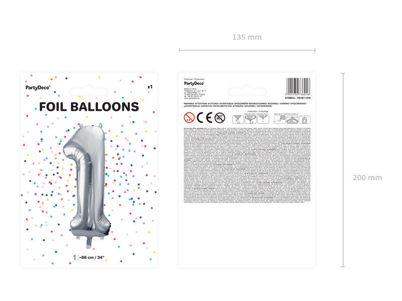 Folijas balons Cipars "1", 86 cm, sudrabains cena un informācija | Baloni | 220.lv