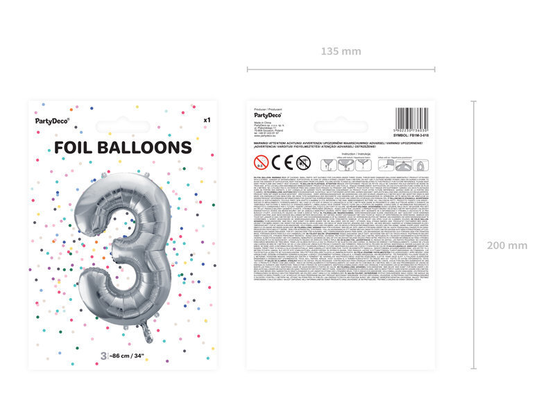 Folijas balons Cipars "3", 86 cm, sudrabains cena un informācija | Baloni | 220.lv