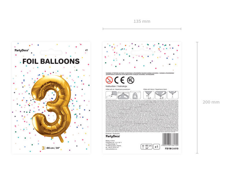 Folijas balons Cipars "3", 86 cm, zeltains cena un informācija | Baloni | 220.lv