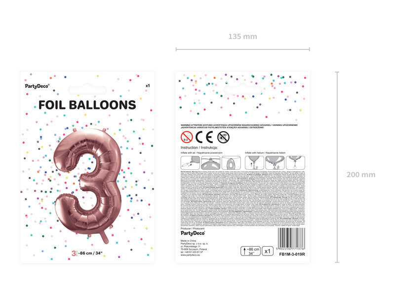 Folijas balons Cipars "3", 86 cm, rozā cena un informācija | Baloni | 220.lv