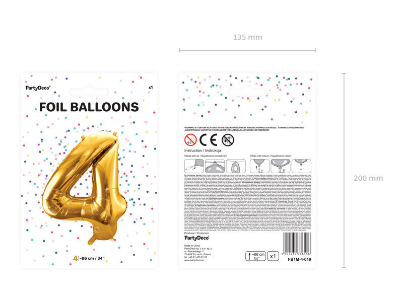 Folijas balons Cipars "4", 86 cm, zeltains cena un informācija | Baloni | 220.lv