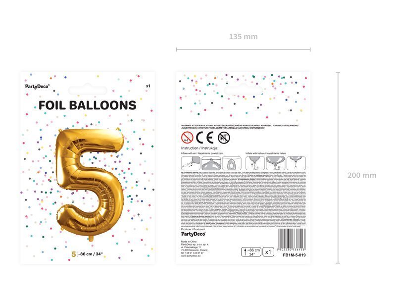 Folijas balons Cipars "5", 86 cm, zeltains cena un informācija | Baloni | 220.lv