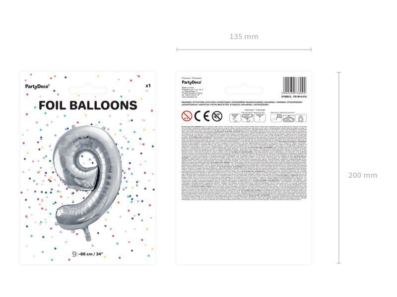 Folijas baloni Cipars "9", 86 cm, sudrabaini, 50 gab. cena un informācija | Baloni | 220.lv