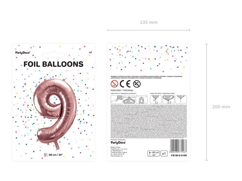 Folijas balons Cipars "9", 86 cm, rozā cena un informācija | Baloni | 220.lv