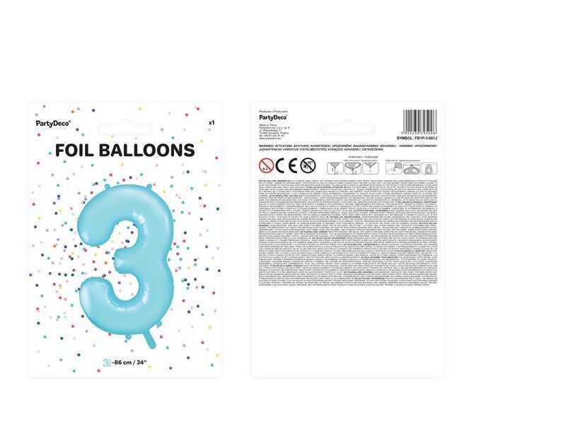 Folijas balons Cipars "3", 86 cm, gaiši zils cena un informācija | Baloni | 220.lv