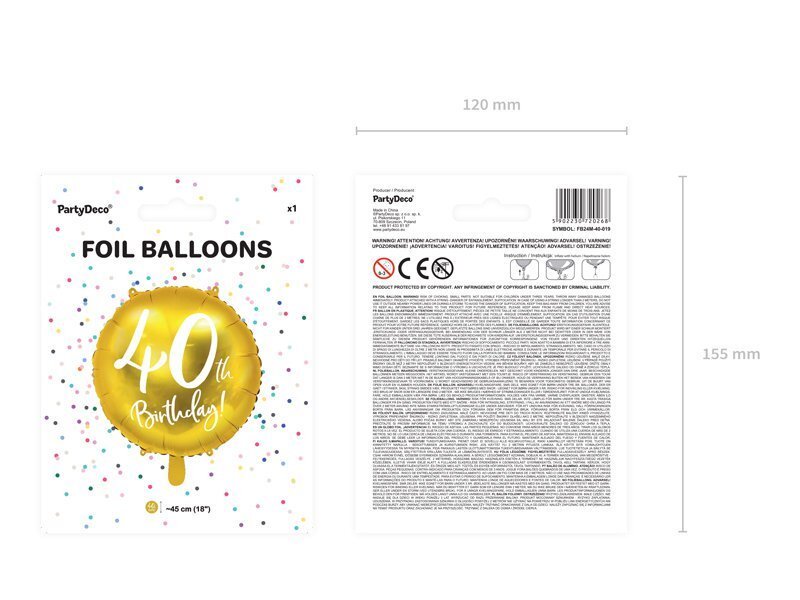 Folijas baloni 40th Birthday 45 cm, zeltaini, 50 gab. цена и информация | Baloni | 220.lv