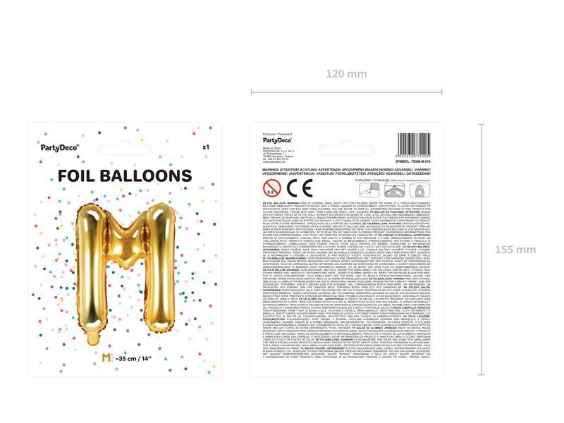 Folijas balons Burts "M" 35 cm, zeltains cena un informācija | Baloni | 220.lv