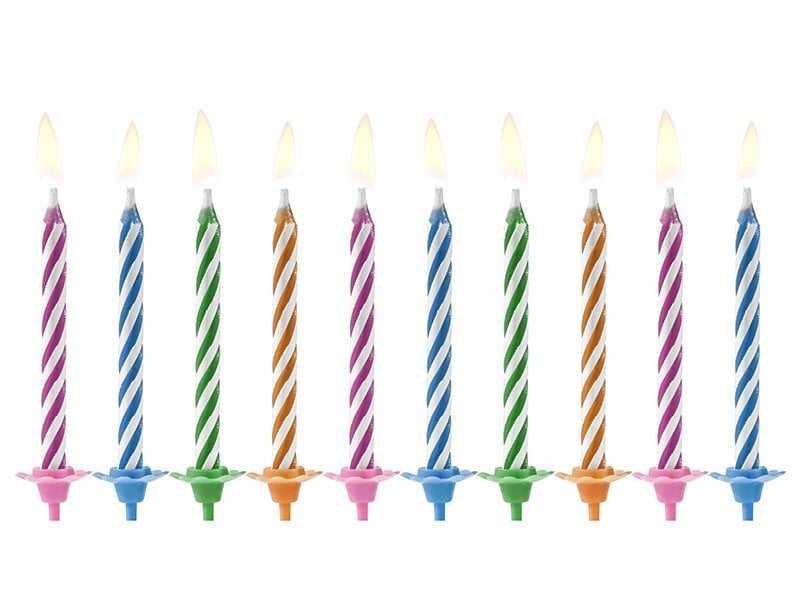 PartyDeco kūkas sveces ar svečturiem, svītrainām, 10 gab, 6 cm cena un informācija | Svētku dekorācijas | 220.lv