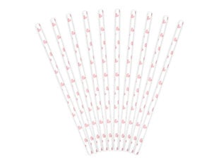 Бумажные соломинки, белые с розовыми сердечками, 19,5 см, 1 упаковка/10 штук цена и информация | Праздничная одноразовая посуда | 220.lv