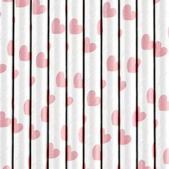 Papīra salmiņi, balti ar rozā sirsniņām 19,5 cm, 1 iepak./10 gab. cena un informācija | Vienreizējie trauki | 220.lv